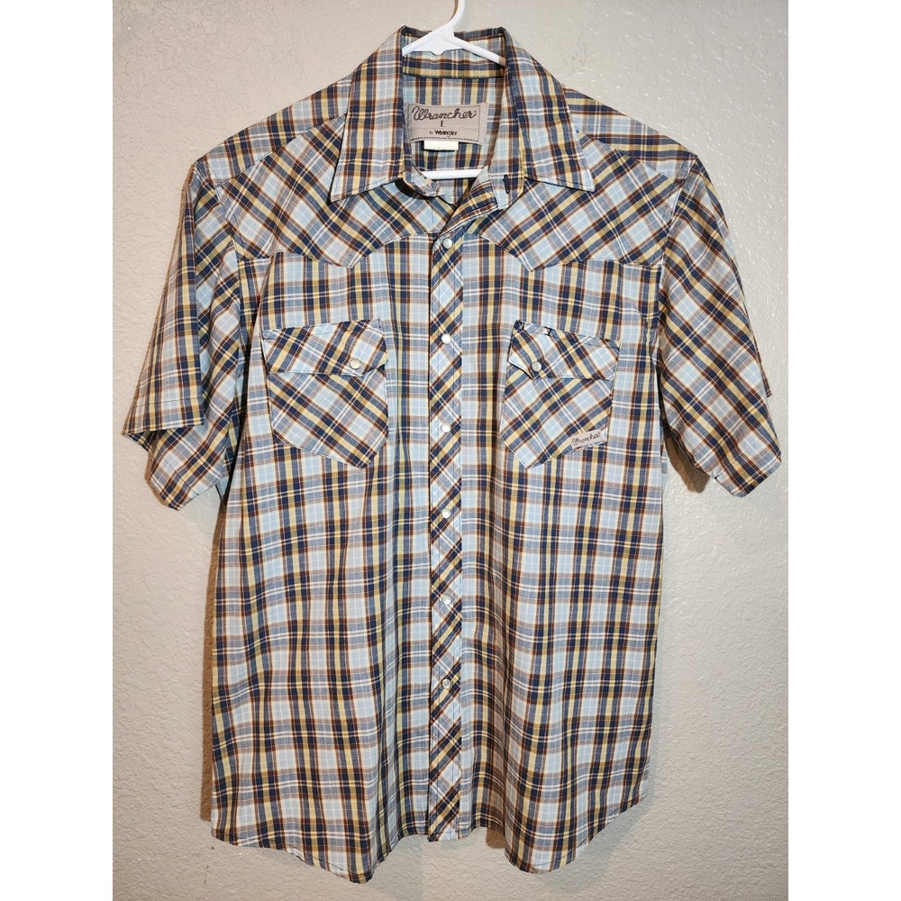 Wrangler‎ Wrancher Men's Shirt, Size L, Blue Plaid, Short Sleeve, Pearl Snap